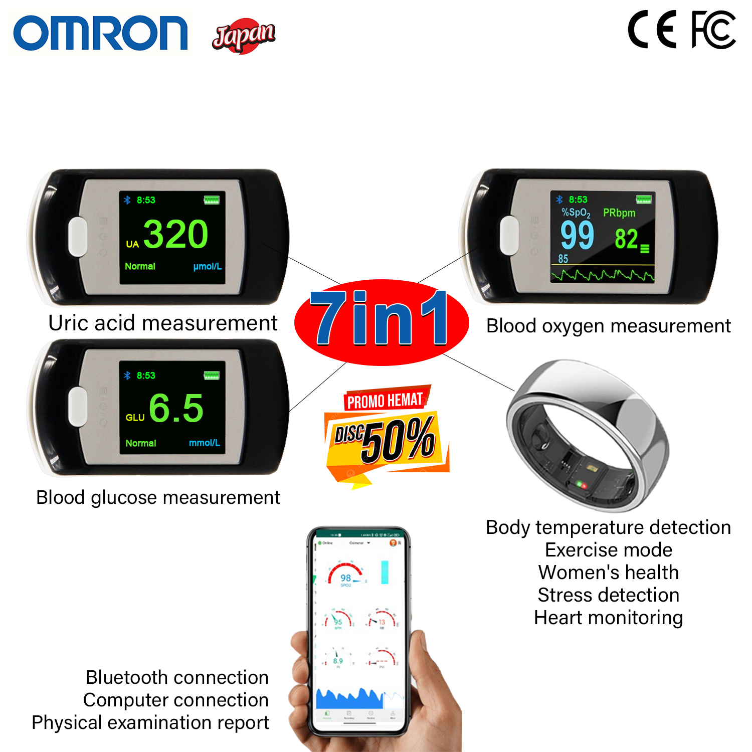 T02 [Măsurarea glicemiei + măsurarea oxigenului din sânge + măsurarea acidului uric + detectarea temperaturii corpului + modul de exercițiu + sănătatea femeii + detectarea stresului + conexiune Bluetooth + conexiune la computer + raport de examinare fizică]